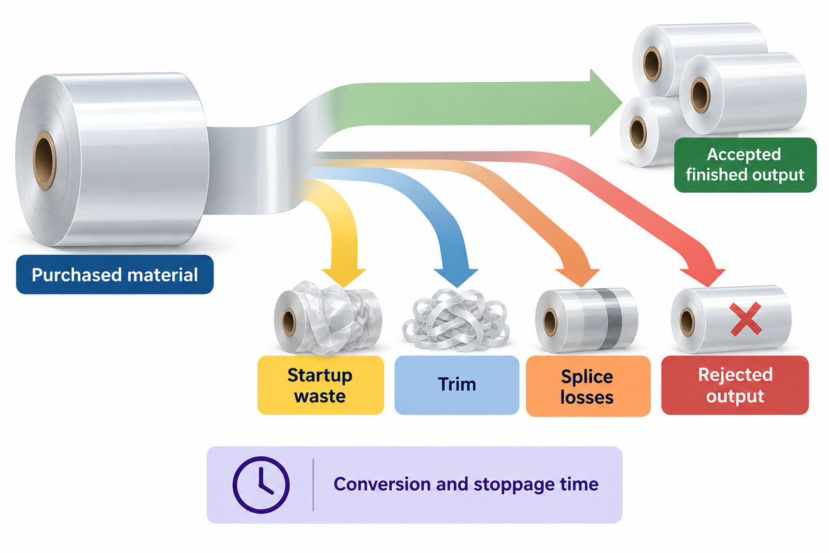 Track startup waste, trim, splice losses and rejects separately; compare cost against accepted finished output.