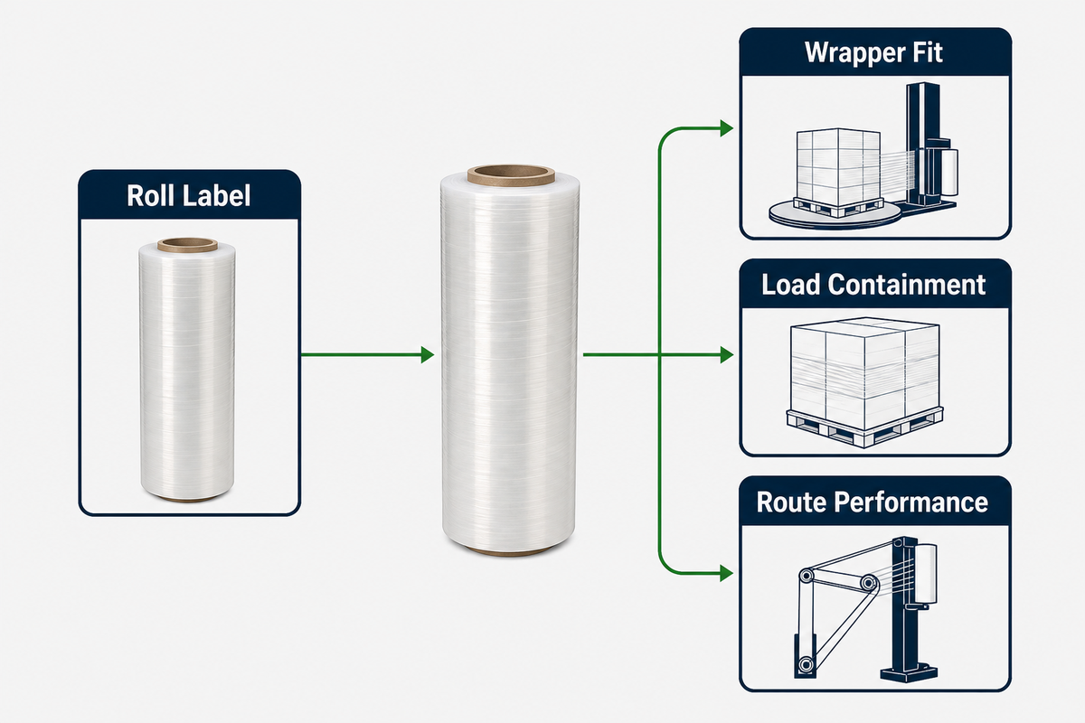 Machine stretch film label identifies the roll but cannot prove wrapper, load or route fit