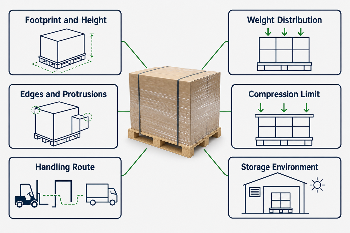 Load and route definition covers geometry, weight distribution, edges, compression, handling and storage