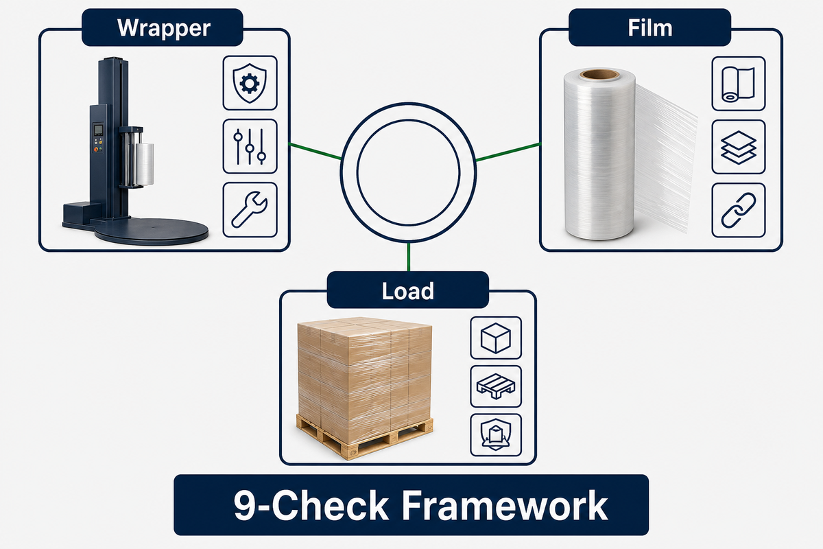 Nine-check framework connects the pallet wrapper, machine stretch film and actual load