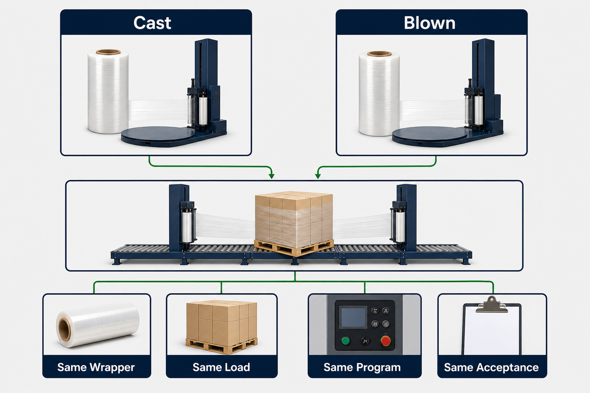 Cast and blown machine stretch film compared under the same wrapper, load, program and acceptance criteria