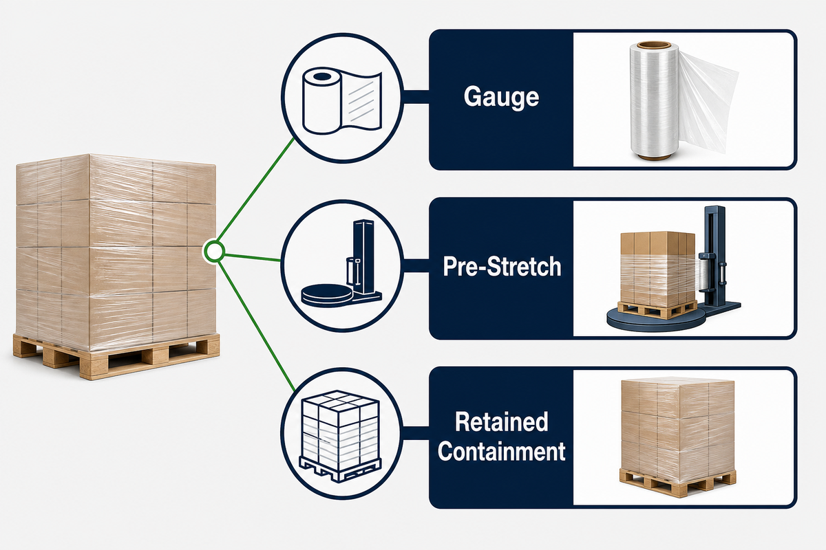 Gauge, pre-stretch and retained containment shown as separate machine wrapping variables