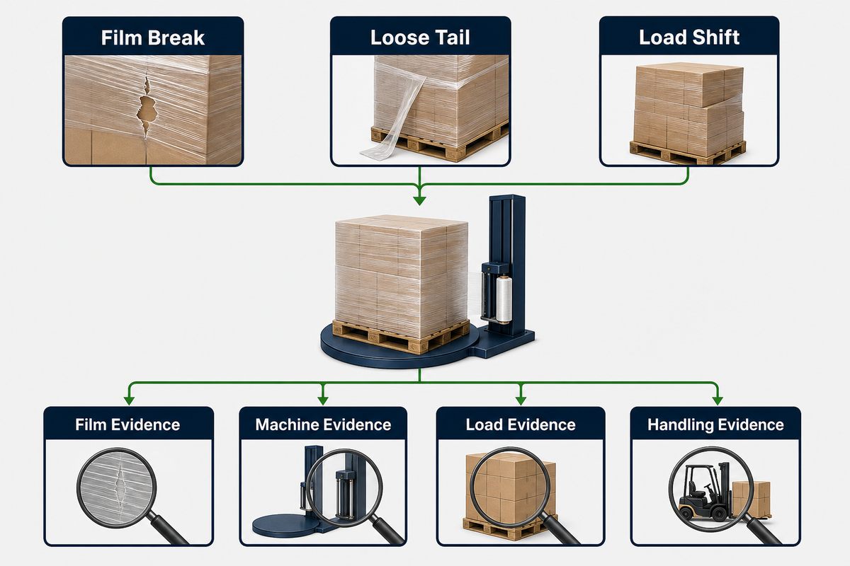 Troubleshooting map separates film breaks, loose tails and load shift across four evidence lanes
