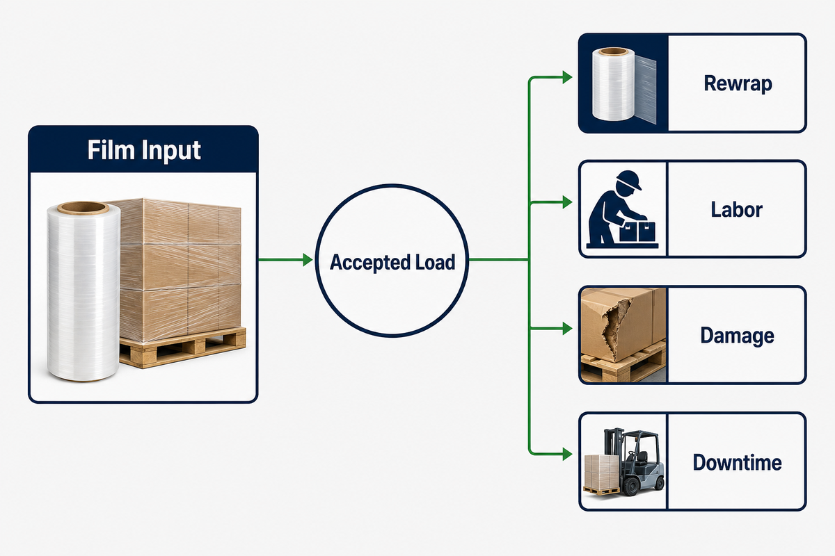 Accepted-load cost model includes film input, rewrap, labor, damage and disruption