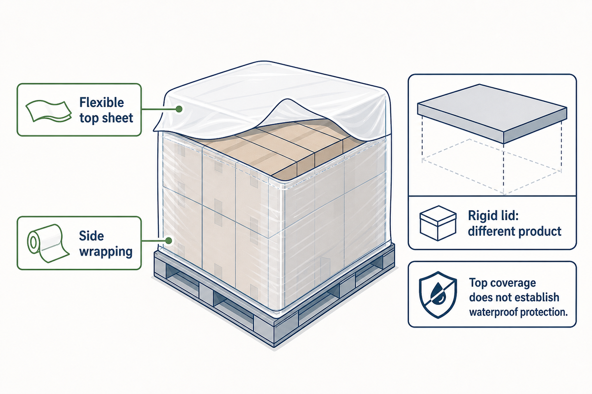 A flexible top sheet covers the upper face; rigid lids and complete weather enclosures are different products.