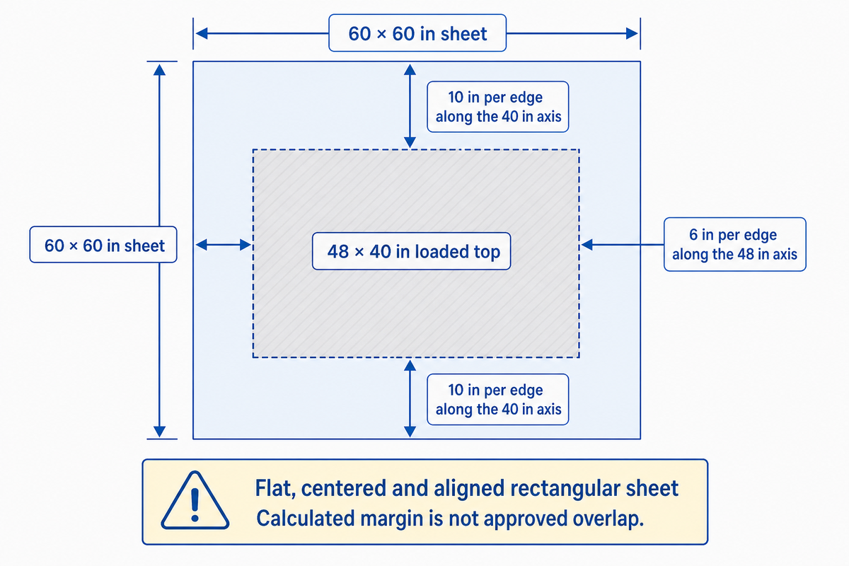 Centered 60 by 60 in sheet on a flat 48 by 40 in load gives 6 and 10 in margins; geometric example, not a minimum.