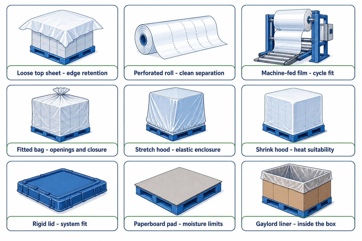 Nine cover families serve different functions; sheet, hood, lid and liner names do not imply equivalent protection.