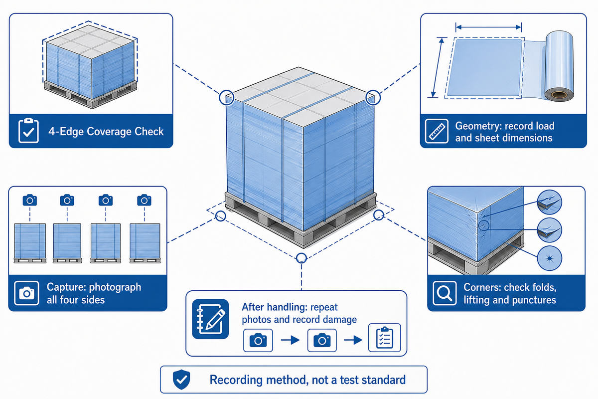 The 4-Edge Coverage Check records geometry, skirt capture, corners and condition after handling; not a test standard.
