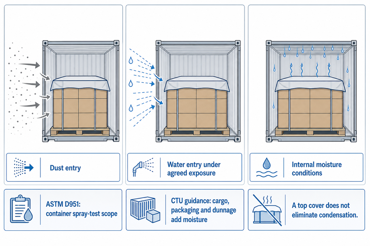 Separate dust, external water and internal condensation; ASTM D951 scope and CTU guidance address different questions.
