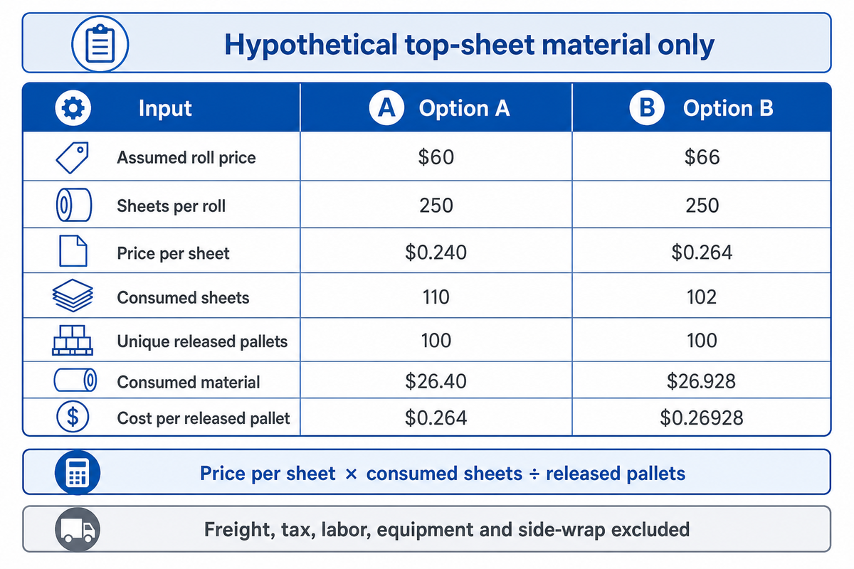 Hypothetical top-sheet cost per 100 released pallets: A $0.264 each, B $0.26928; material only, no savings claim.