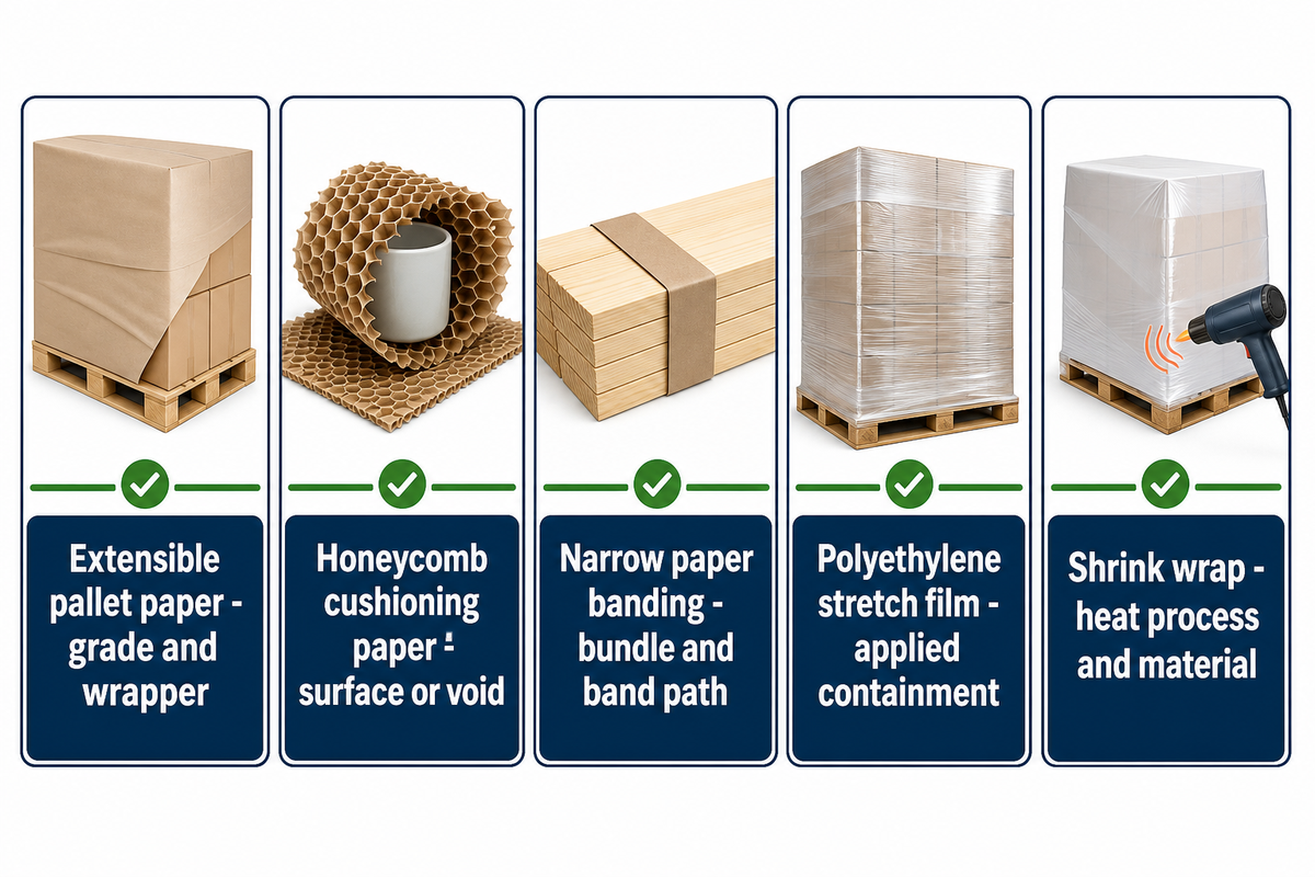 Five packaging formats compared by their distinct pallet-restraint, cushioning, banding or heat-shrink functions.