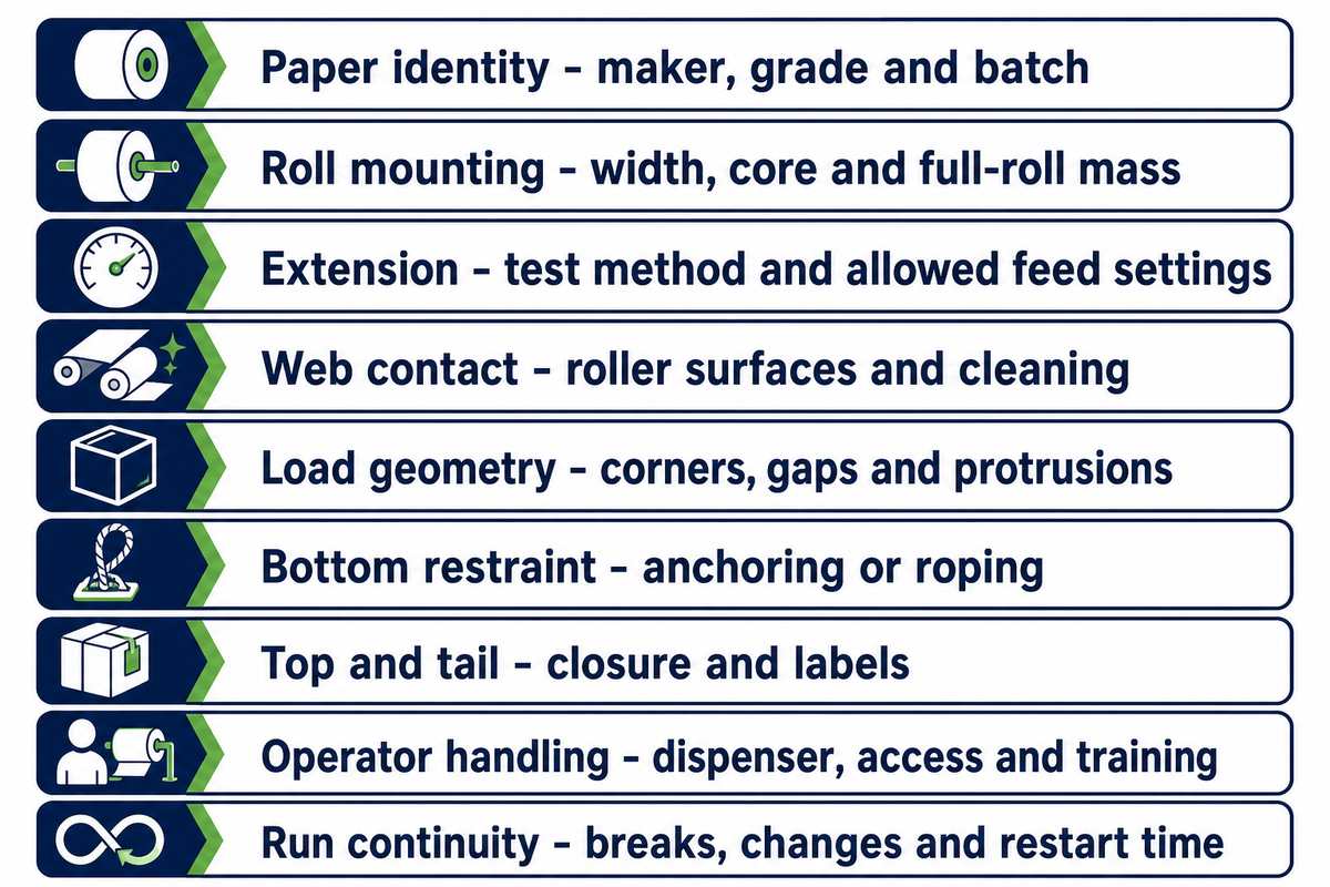 Nine paper-and-wrapper checks cover grade, mounting, feed, closure and full-cycle interruptions before approval.