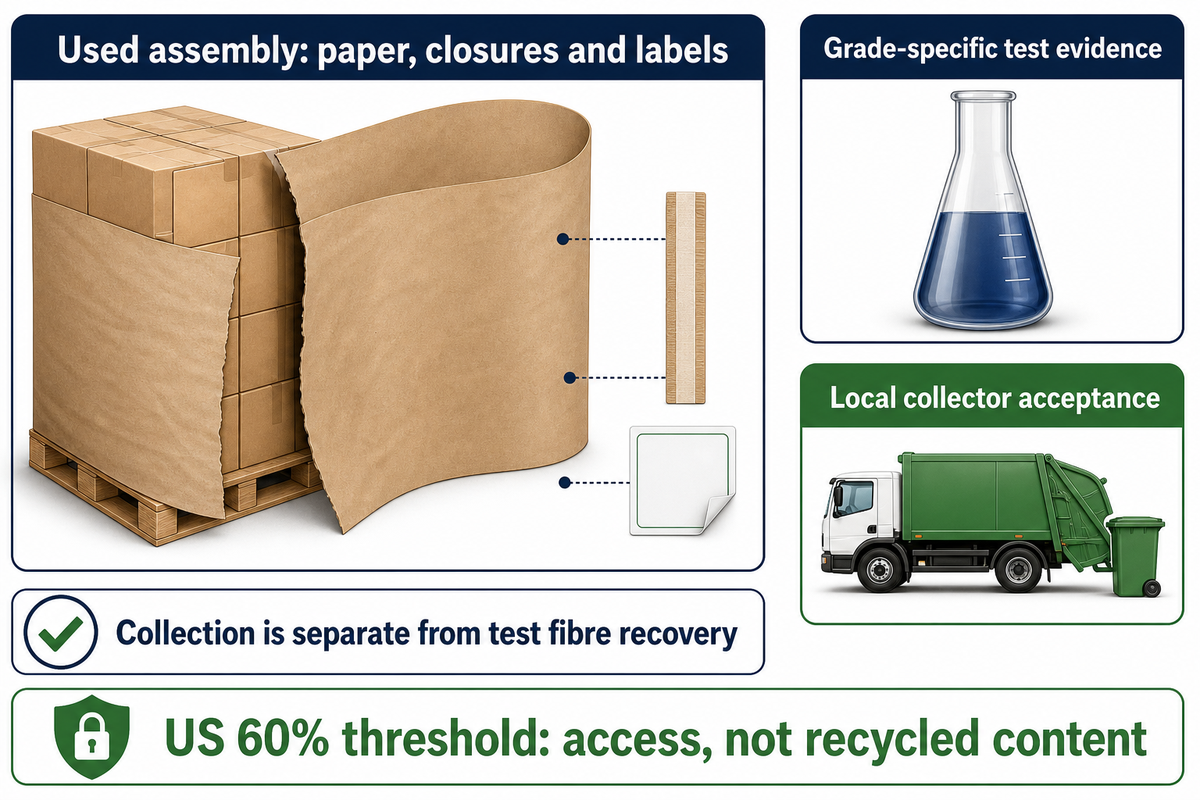 Paper, closures and labels need separate test and collection checks; FTC 60% concerns US access, not recycled content.