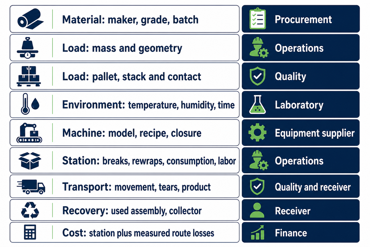 Nine trial records assign owners for grade, load, environment, machine, station, transport, recovery and cost.
