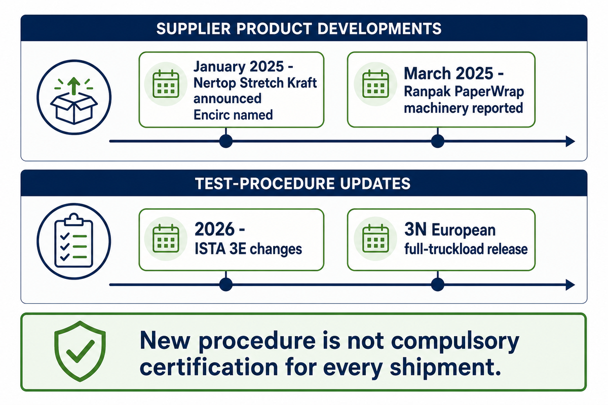 Timeline separates 2025 paper-wrapping product developments from 2026 ISTA procedure changes and their limited scope.