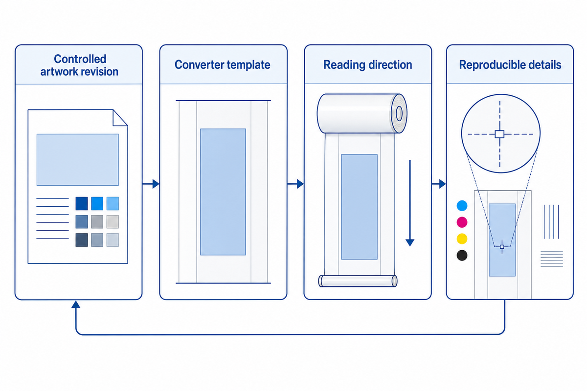 Artwork approval needs the converter template, revision-controlled vector file and reading-direction drawing.