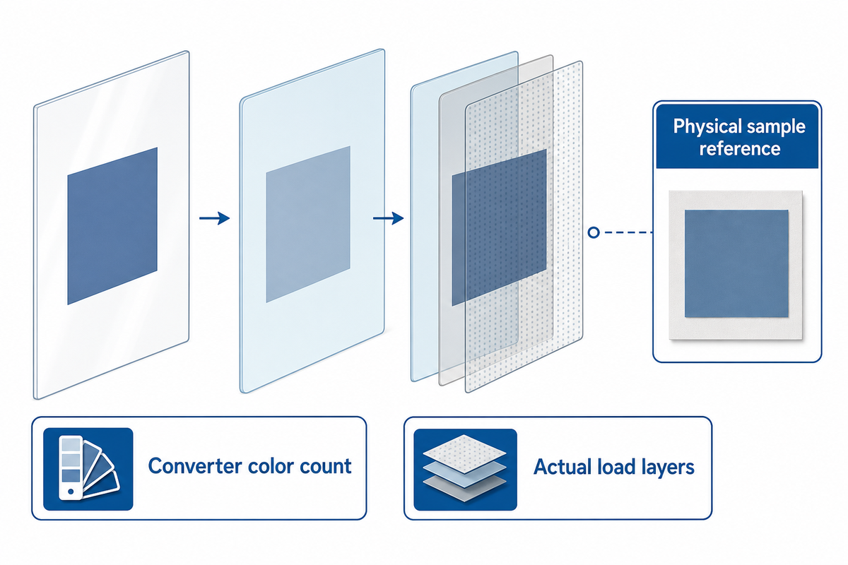 Compare ink color on the proposed film background and physical sample; layer overlap can change appearance.