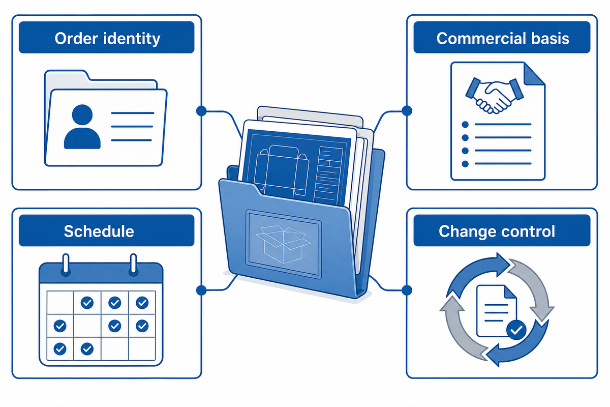 Repeat-order records should link supplier identity, approved artwork, commercial terms, schedule and change control.