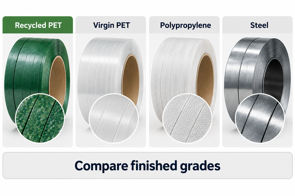 Recycled PET strapping: Recycled PET, Virgin PET, PP and Steel: What Changes?