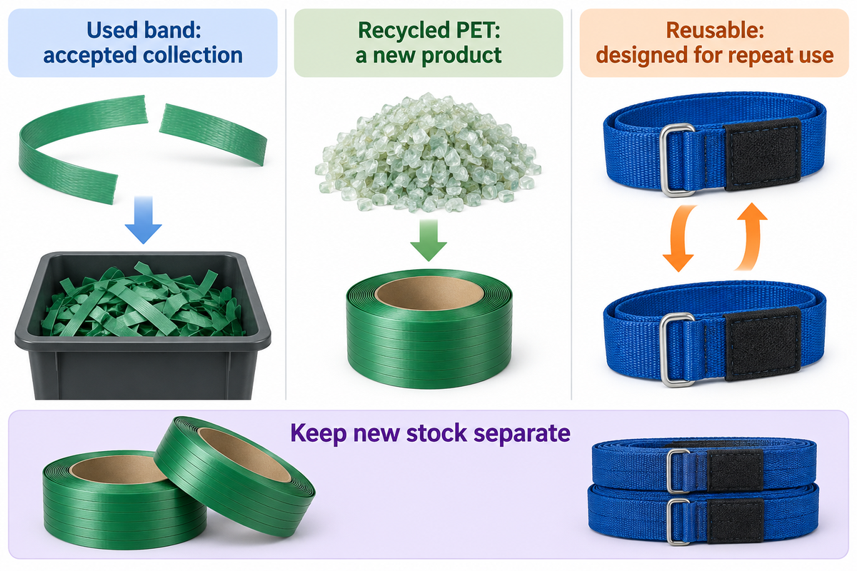 Used PP goes to collection; recycled PET is new, and reuse needs a designed system. Source: FTC Green Guides.