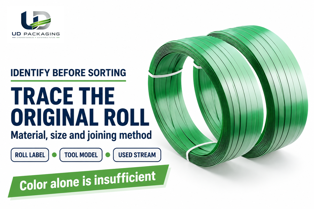 Sort old band by roll and joint identity, not color. Source: UD Packaging and ASTM D4675.