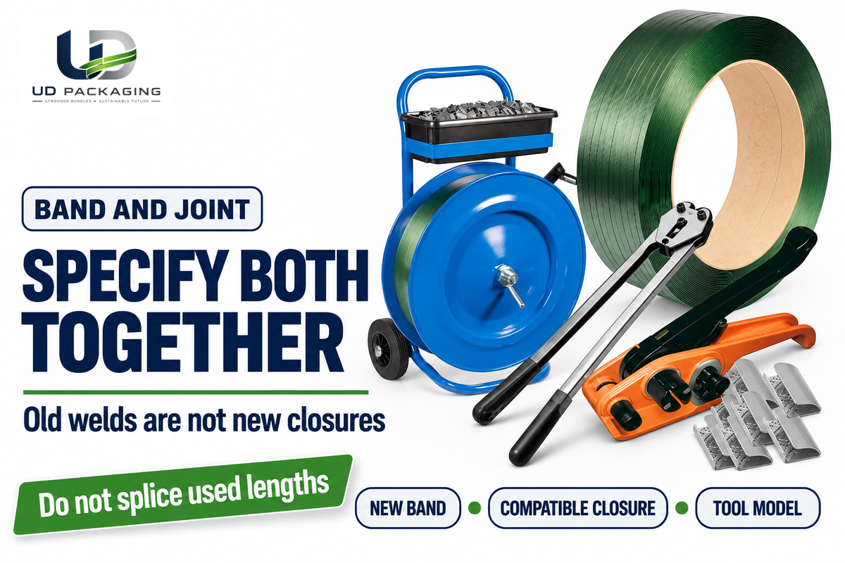 New PET band needs a compatible closure and tool; an old weld is no approval. Source: UD Packaging, ASTM D3950.