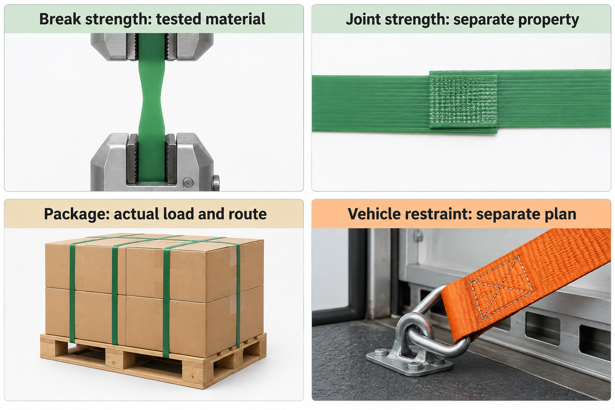 Band break and joint strength do not rate a whole load or vehicle restraint. Source: ASTM D3950, FMCSA.