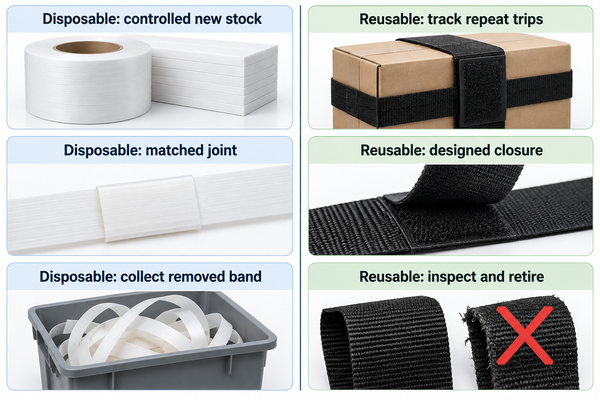 Disposable band uses new stock; reusable pallet straps need inspection and returns. Source: Maxpack PalletPAL.