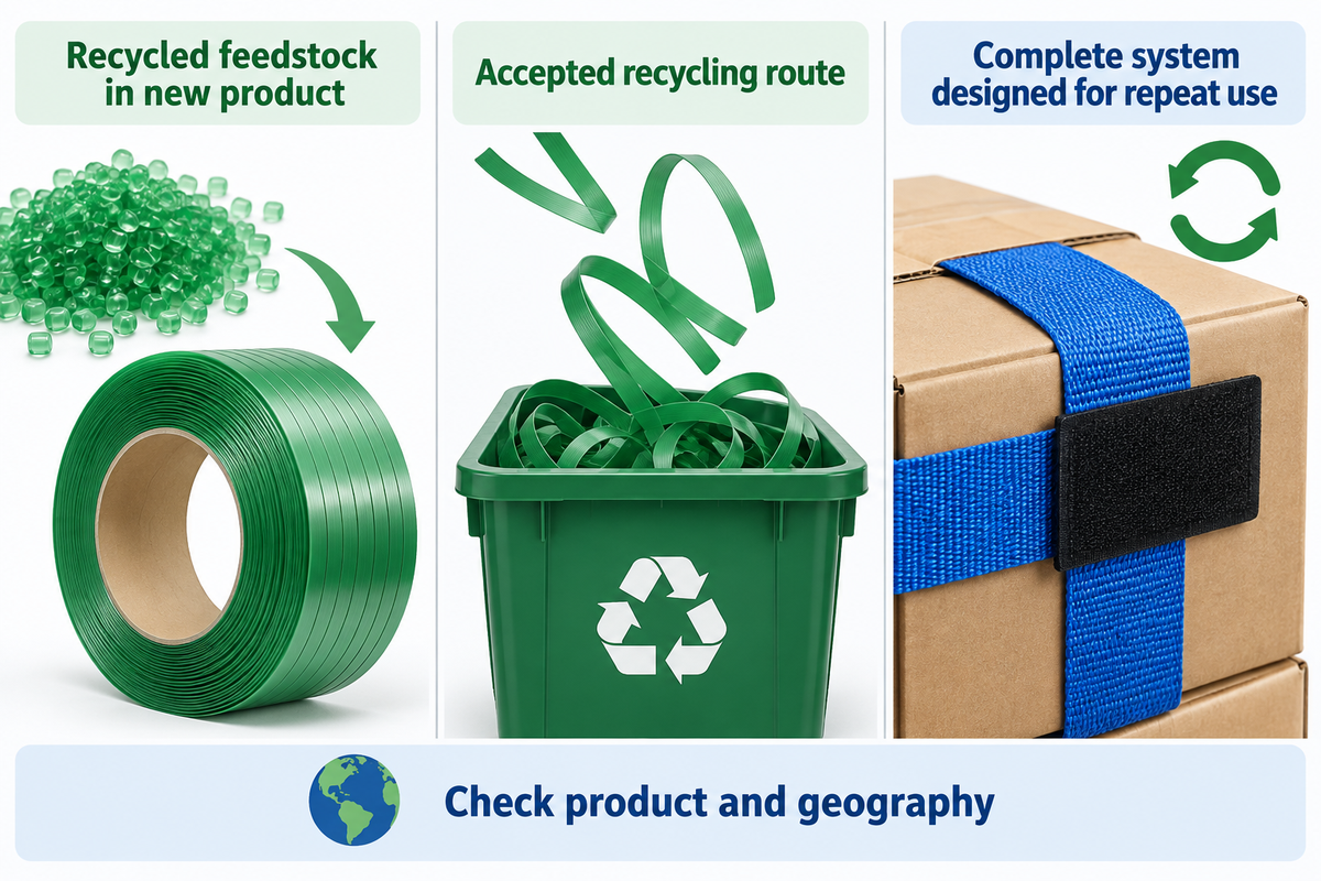 Recycled content, recyclability and reuse are distinct, scoped claims. Source: FTC Green Guides, EC.