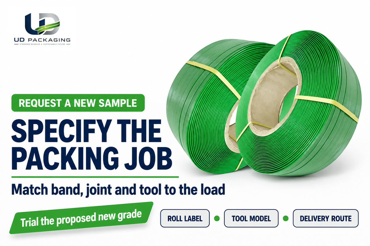 New PET strap samples must match the load, joint, tool and route. Source: UD Packaging PET roll page.
