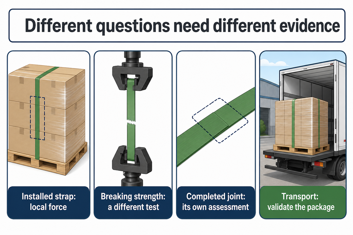 Installed force, breaking strength, joint performance and package validation require different evidence; ASTM D3950.