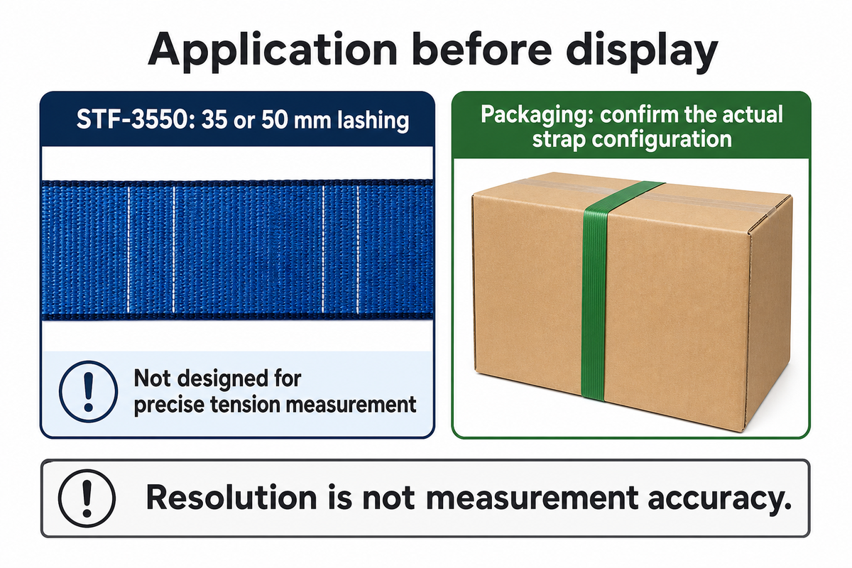 STF-3550 indicates 35/50 mm lashing and excludes precise measurement; display format does not establish fit. Checkline.