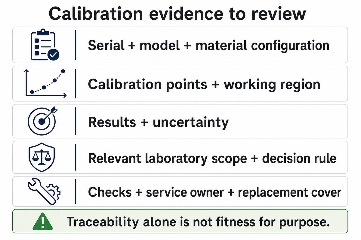 Match serial, configuration, force points and uncertainty; traceability alone is not fitness for purpose. NIST and ILAC.
