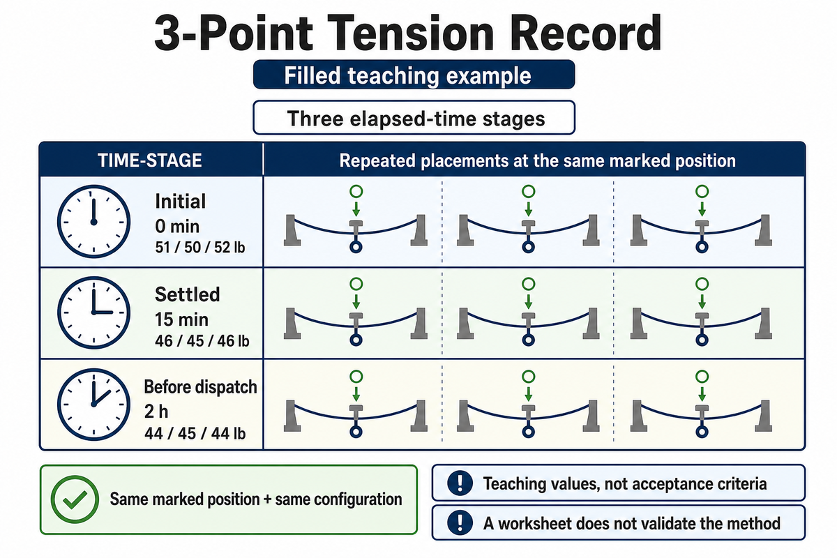Teaching record: 0 min 51/50/52 lb, 15 min 46/45/46 lb, 2 h 44/45/44 lb; not acceptance criteria.