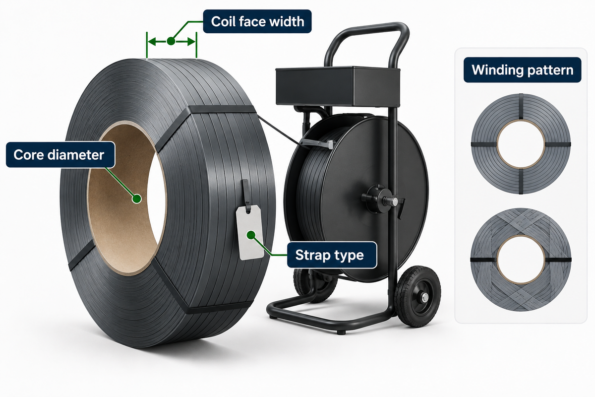 Names four distinct roll-fit inputs, preventing confusion between strap width and dispenser coil dimensions.