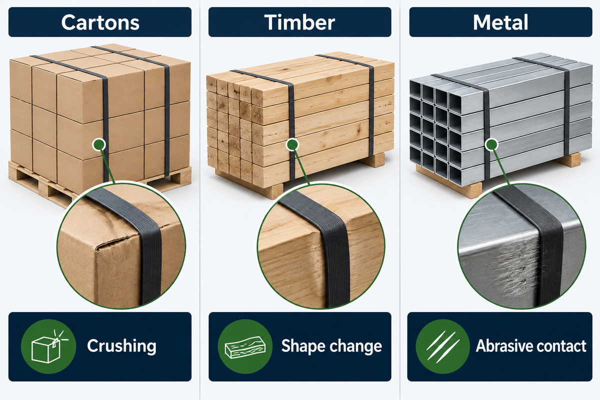 Maps load materials to different contact observations without inventing a universal heavy-duty configuration.