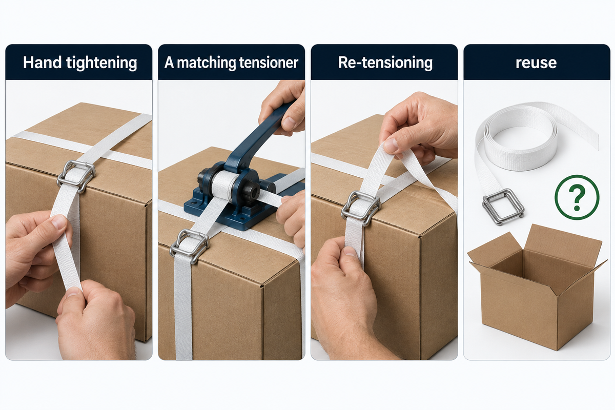 Keep hand tightening, tool use, re-tensioning and reuse distinct actions.