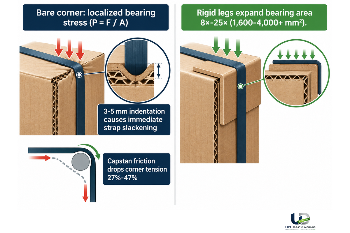 Diagram comparing bare carton corner crushing and capstan friction against a ribbed strapping edge protector
