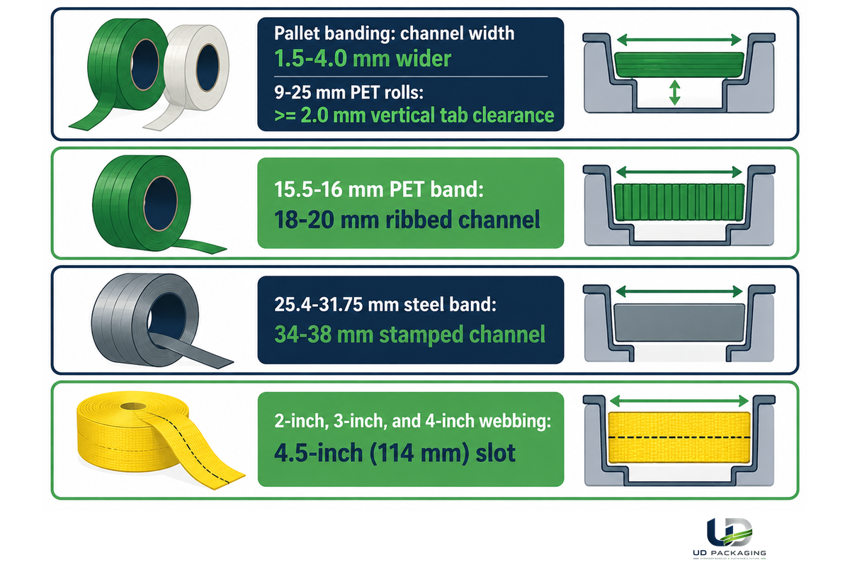 Infographic matching 9-25 mm PET/PP, 32 mm steel, and 2-4 inch webbing to edge protector guide slot widths