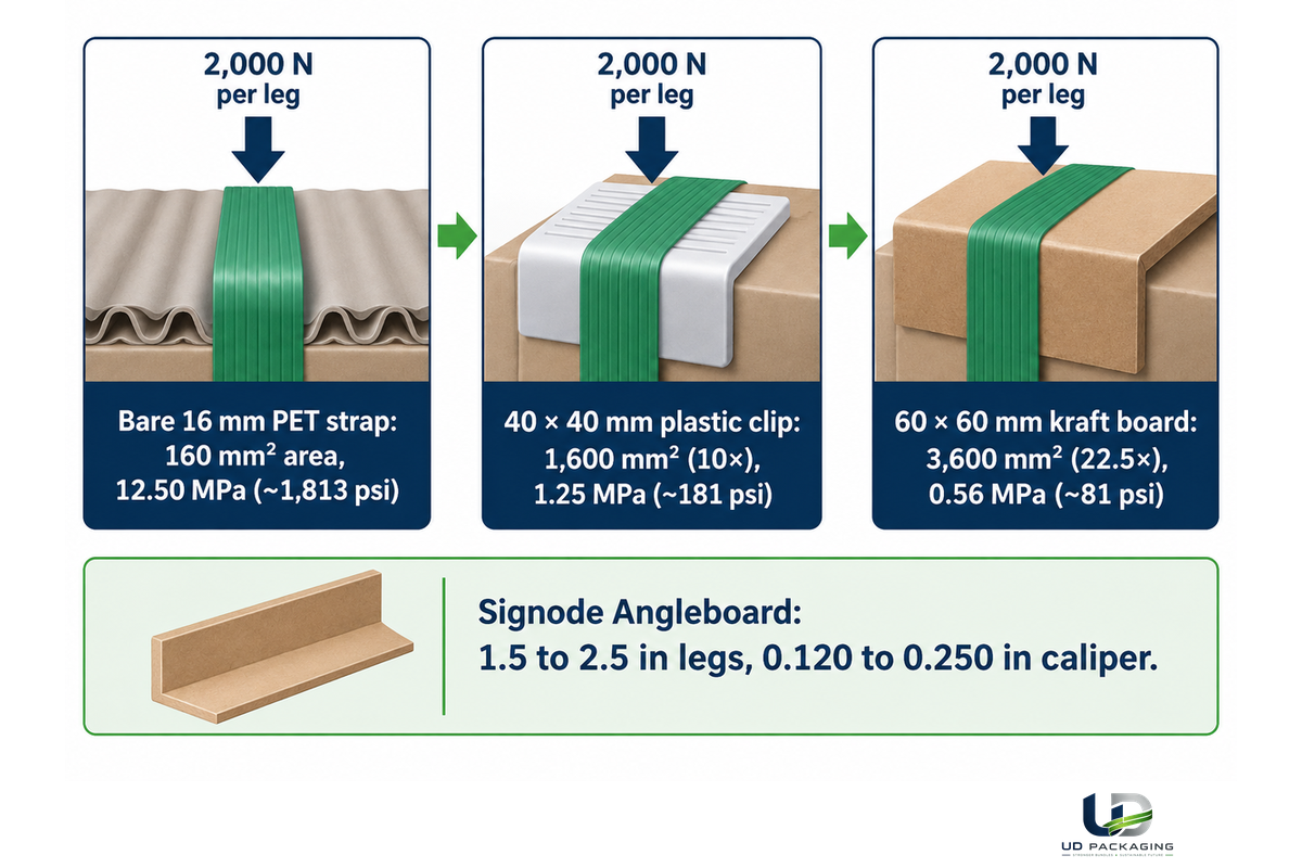 Engineering comparison between short plastic strap clips and full-length laminated kraft V-boards