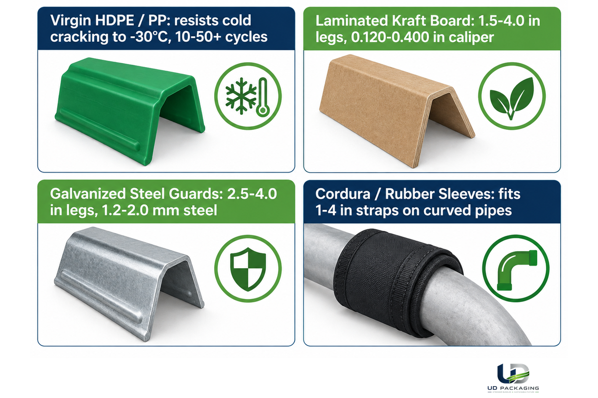 Material comparison chart for laminated kraft angle boards, virgin HDPE clips, and galvanized steel corner guards