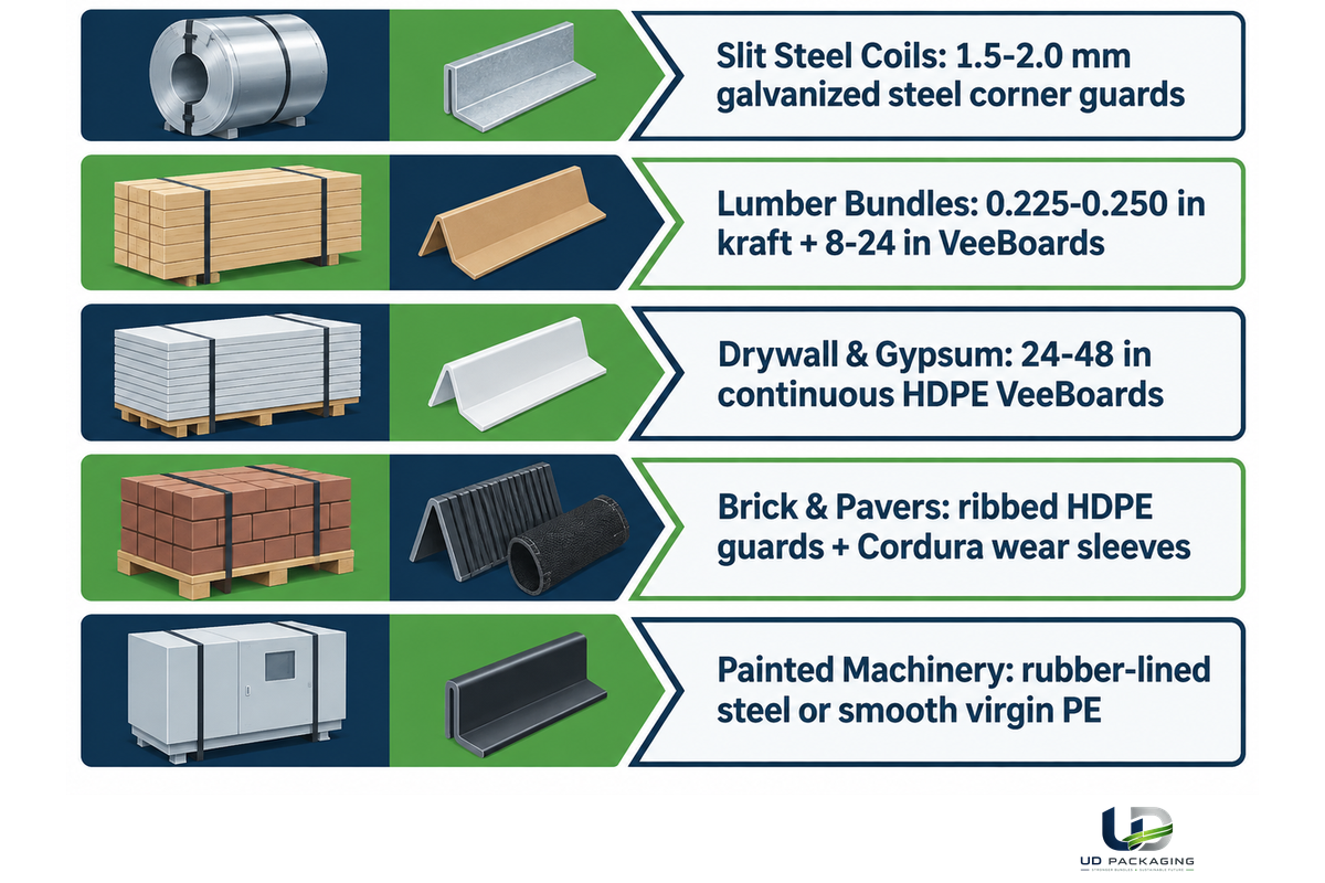 Heavy-duty cargo securement chart matching slit steel coils, plate bundles, and lumber to steel and HDPE edge guards