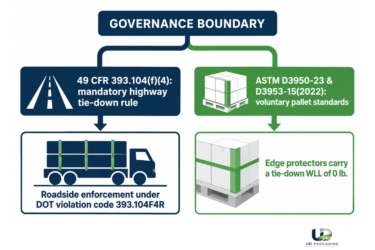 Regulatory comparison between mandatory FMCSA 49 CFR 393.104 highway tie-down rules and voluntary ASTM pallet standards