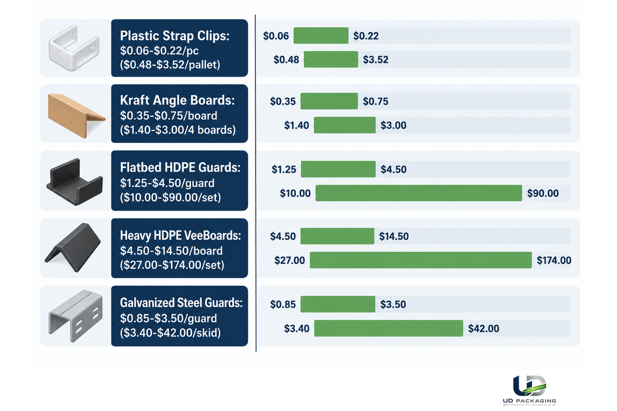 Unit cost and per-pallet labor comparison between bulk plastic strap clips, 48-inch kraft corner boards, and steel guards