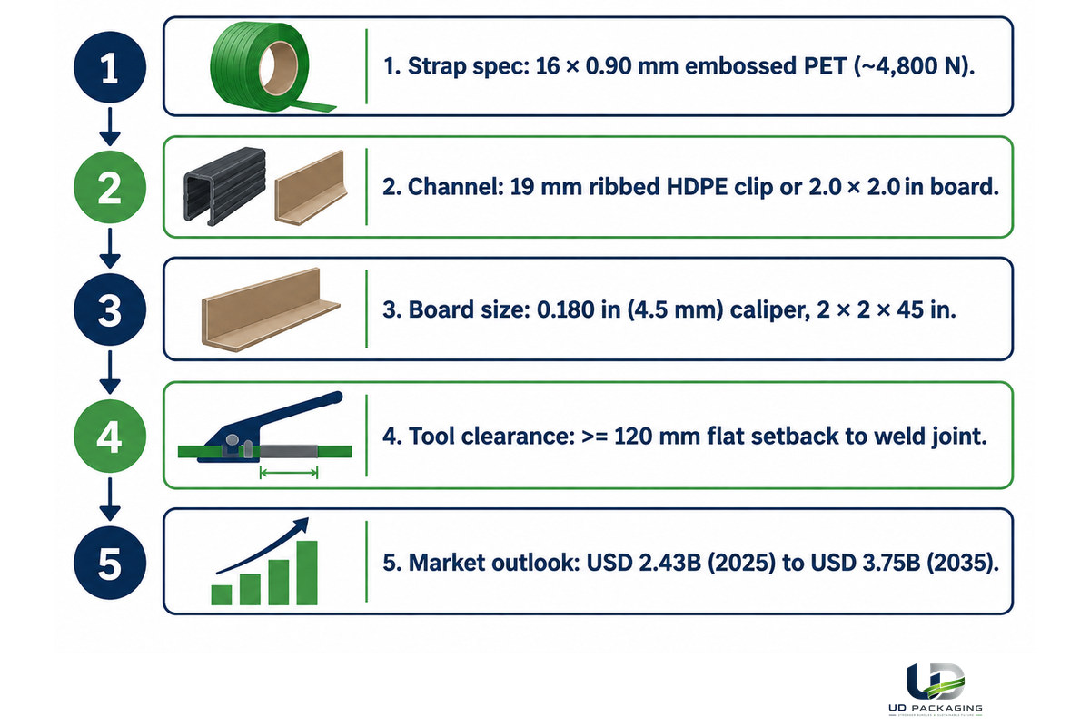 Sourcing specification diagram aligning UD Packaging 9-25 mm PET strapping rolls with edge protector dimensions
