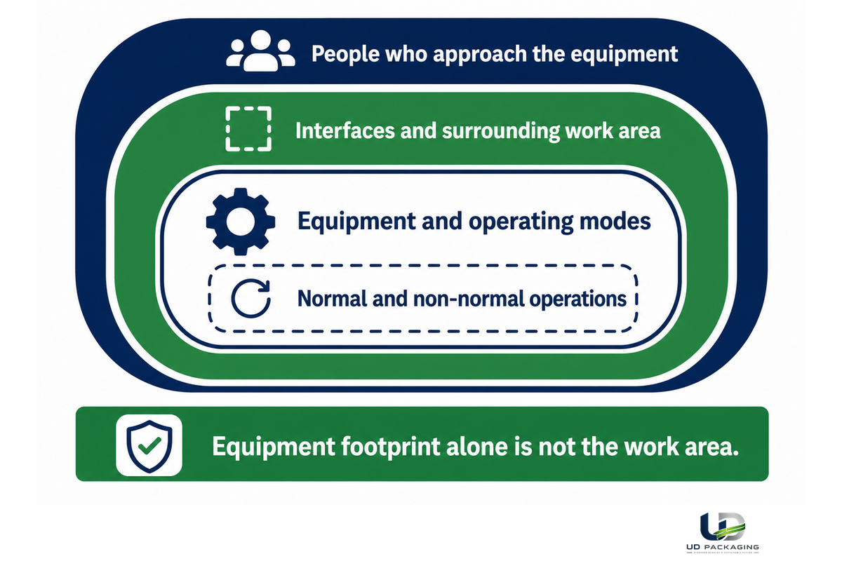 Assessment scope extends from equipment and modes to interfaces, work area and exposed people.