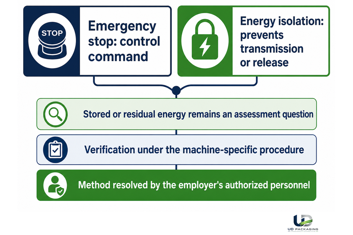 A stop command differs from isolation; stored energy and machine-specific verification still require review.