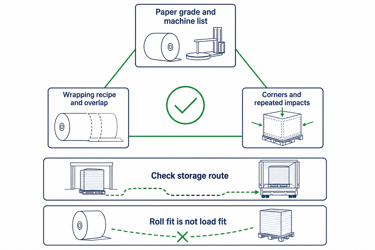 Paper wrap selection connects material, compatible machine, recipe, corners and storage route.