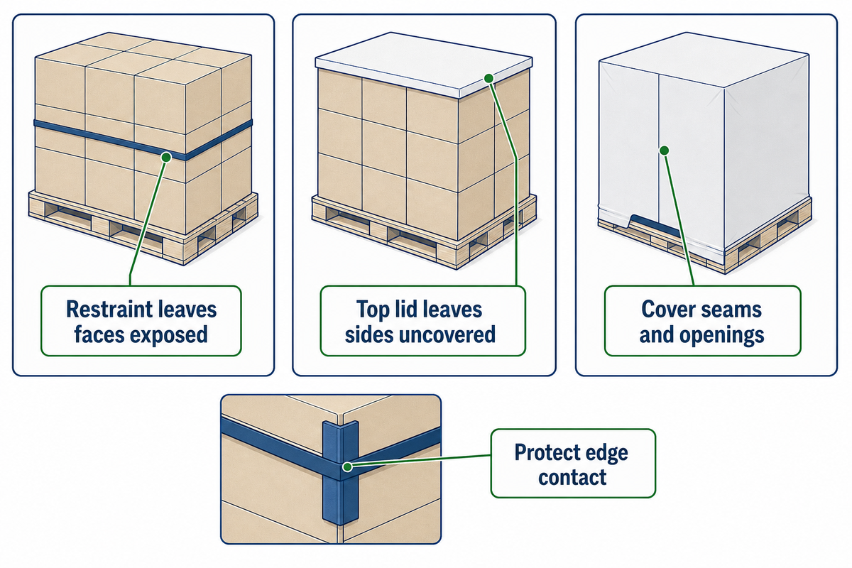 Diagram separates pallet restraint from side coverage, closures and edge-contact protection.