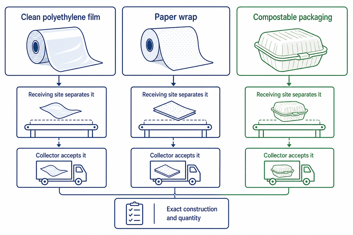 Film, paper and compostable packaging have separate recovery routes and acceptance checks.